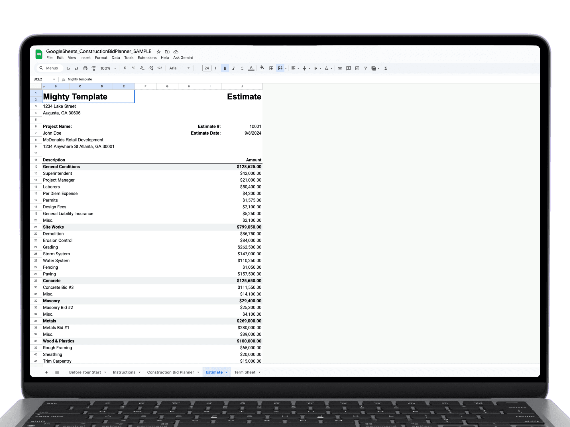 Google Sheets construction bid template showing detailed estimate breakdown by trade with automated totals and project information.