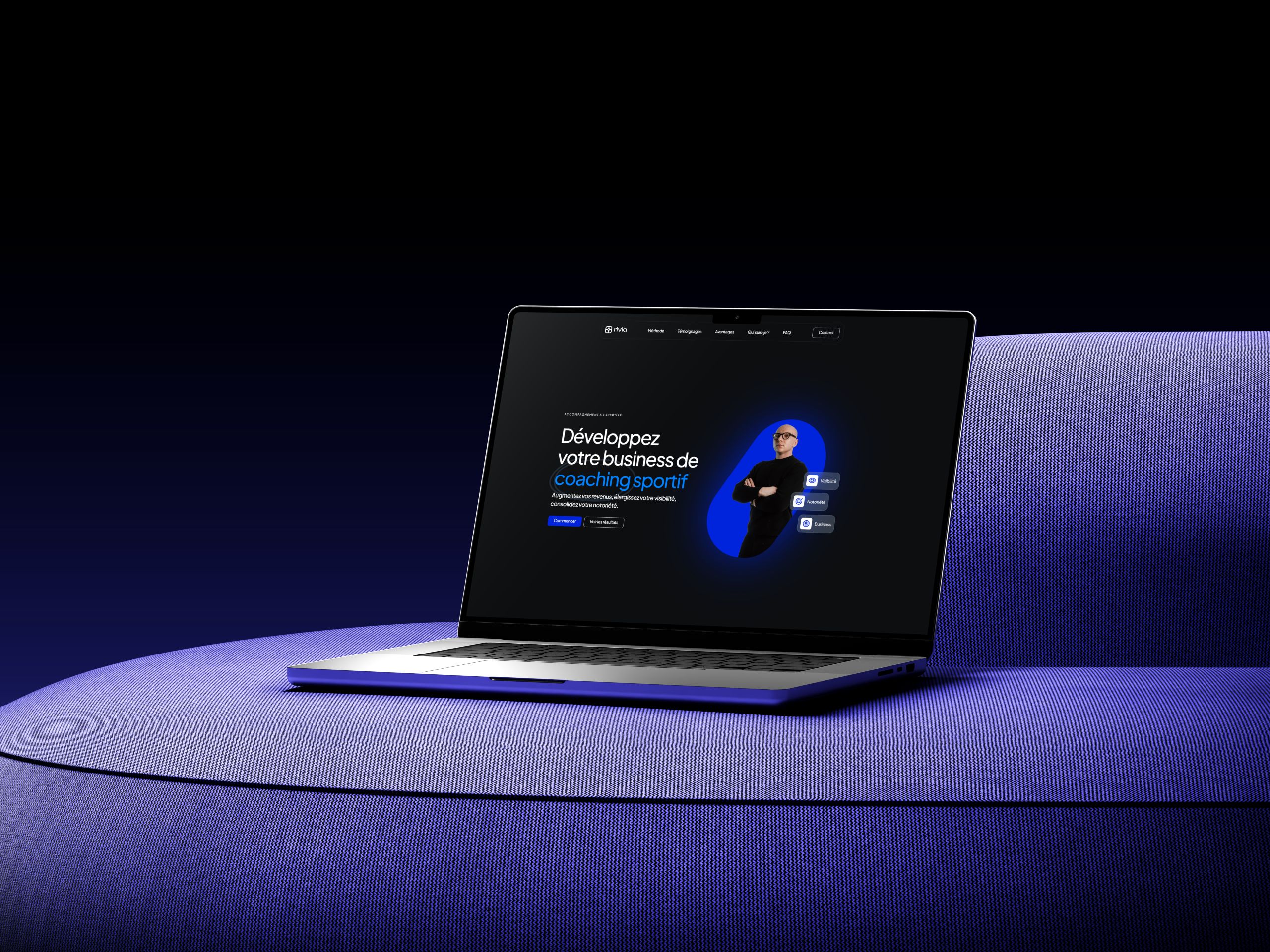 Site de Rivia, commandé par JustDev et développé par Ilies MANATA, Développeur Expert Framer & Ux / Ui Designer, Freelance, Nord
