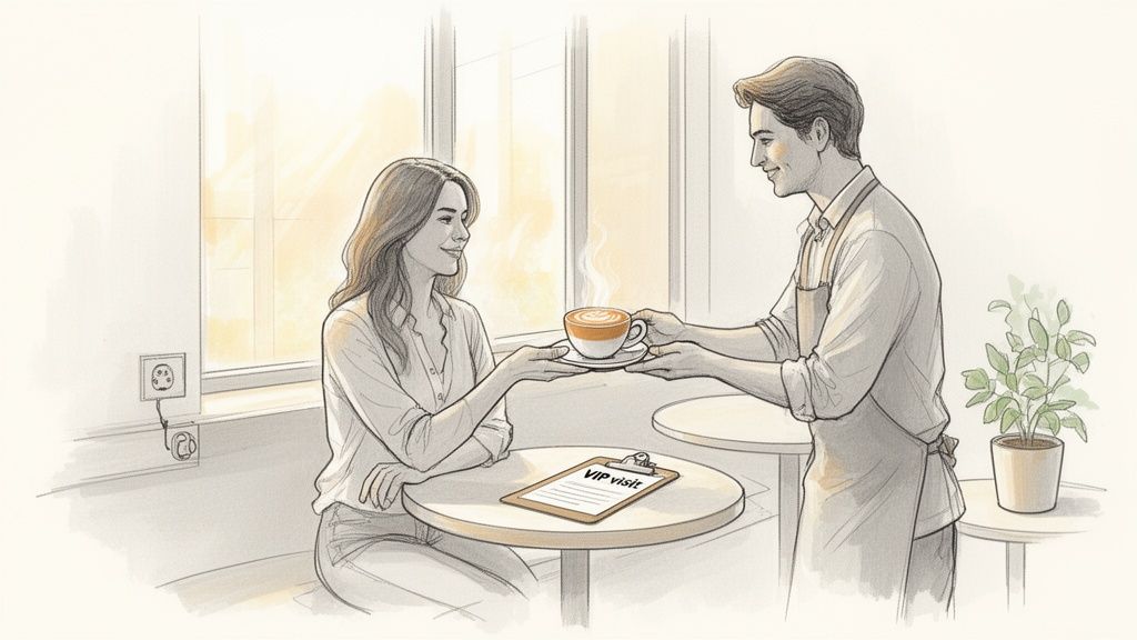 An illustration of a barista serving a smiling woman a steaming cup of latte in a cozy coffee shop during a VIP visit.
