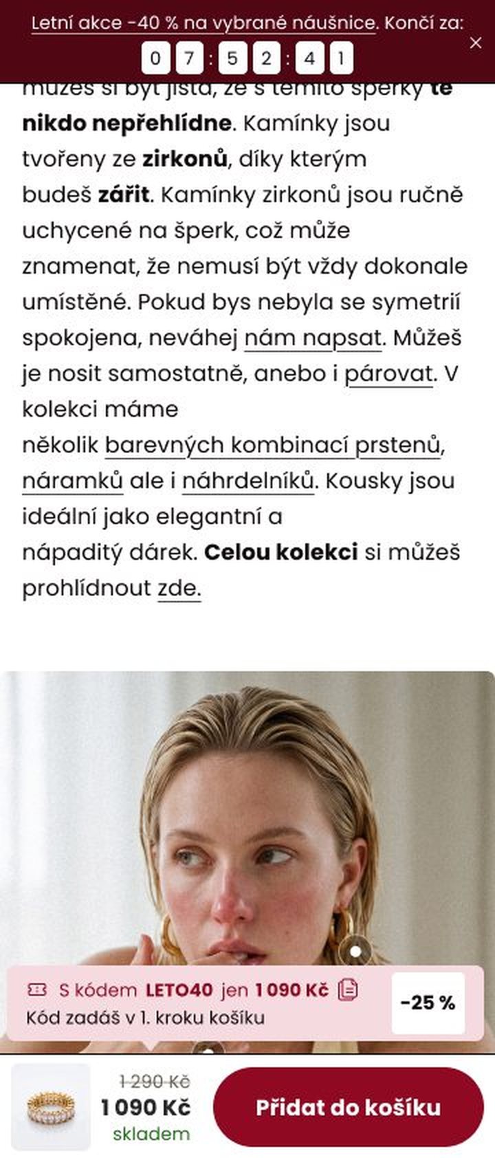 Detail produktu na mobilu se zvýrazněným slevovým kódem