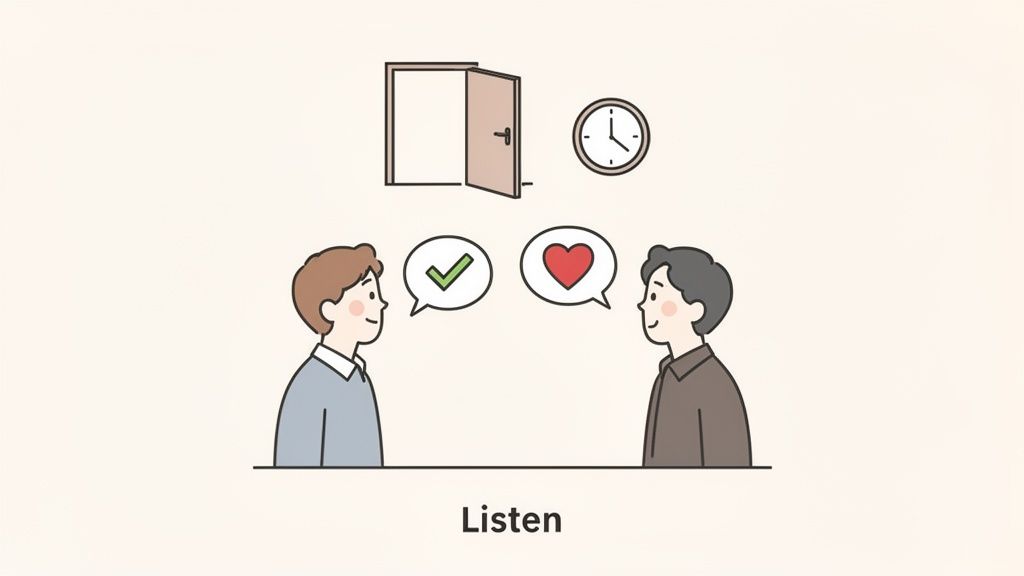 Two people engaged in conversation with speech bubbles, an open door, and a clock, emphasizing listening.