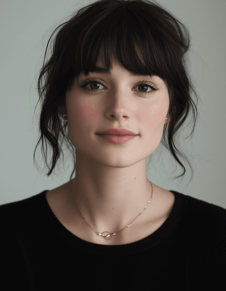 Close-up portrait of a young woman with dark hair styled with bangs and a simple necklace.