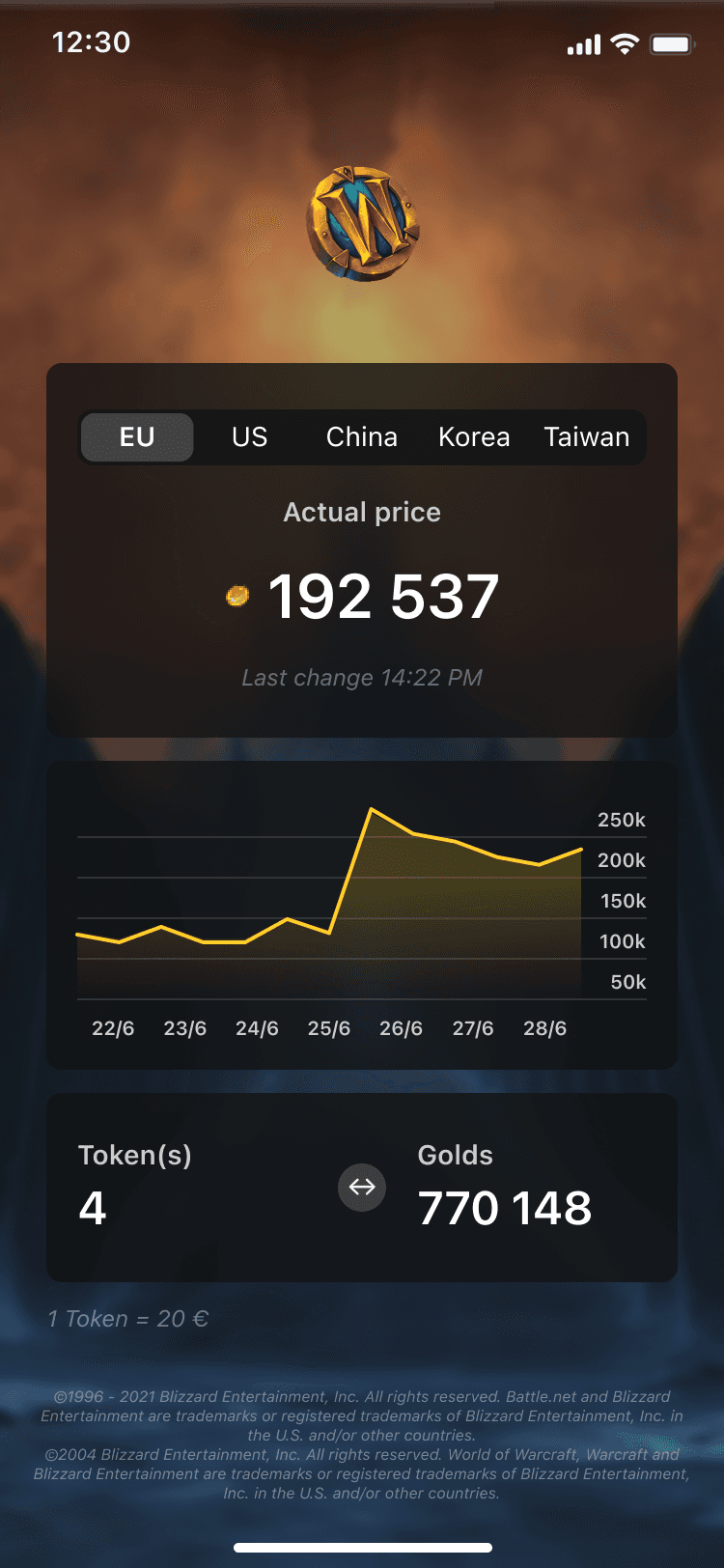 WoWToken: mobilní aplikace v tmavém fantasy designu s přepínáním regionů a grafem vývoje ceny tokenu v herní měně.