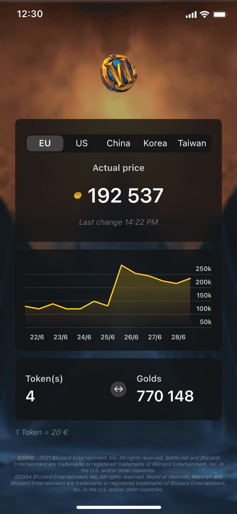 WoWToken: mobilní aplikace v tmavém fantasy designu s přepínáním regionů a grafem vývoje ceny tokenu v herní měně.