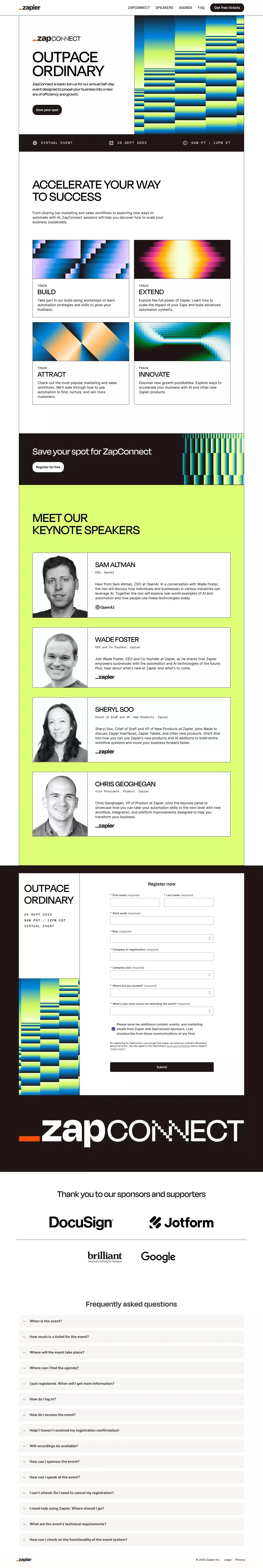 ZapConnect 2023 landing page screenshot showcasing Event and Tech design