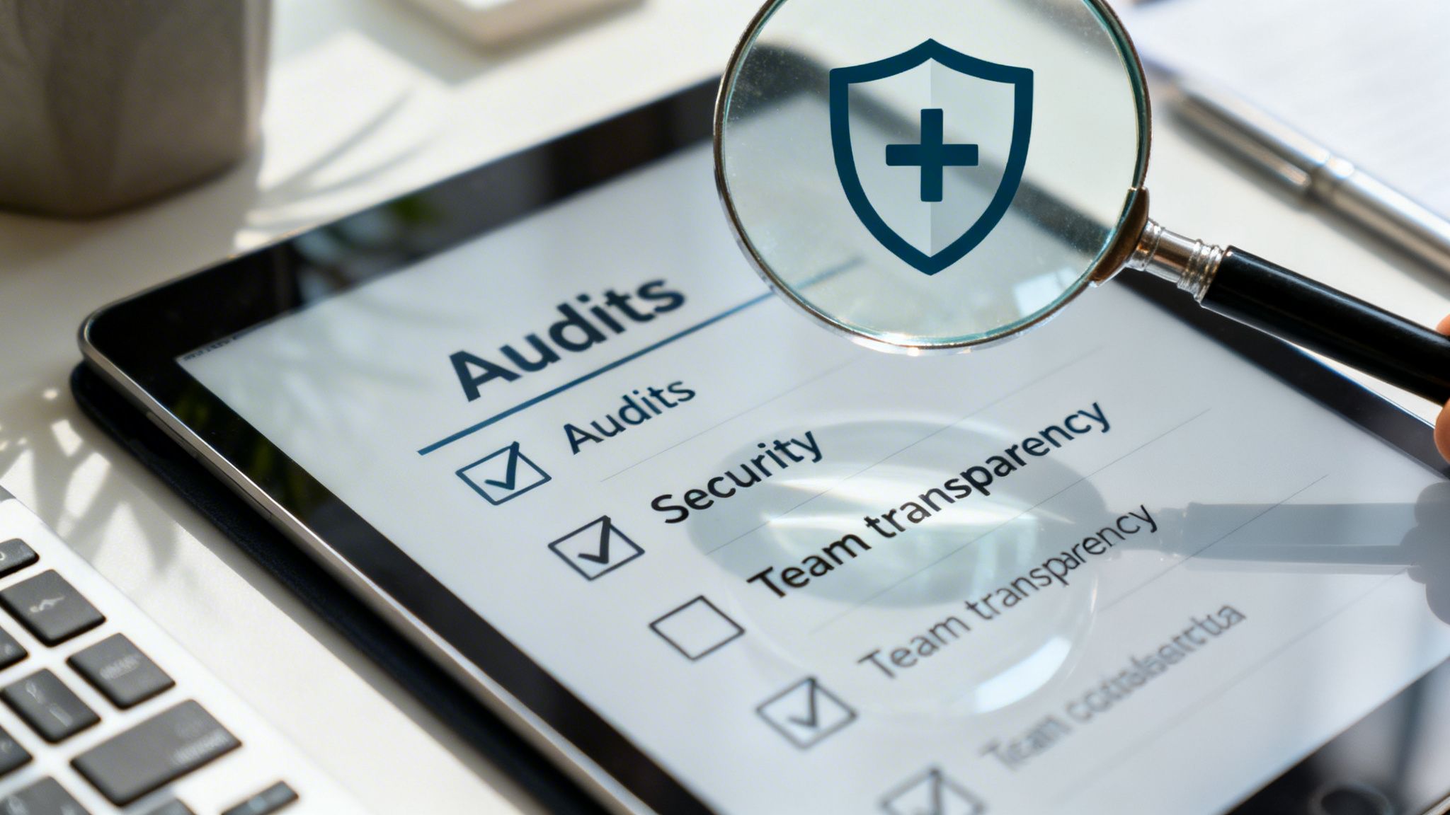 A magnifying glass with a security shield icon inspects an audit checklist on a tablet, showing 'Audits' and 'Security' checked.