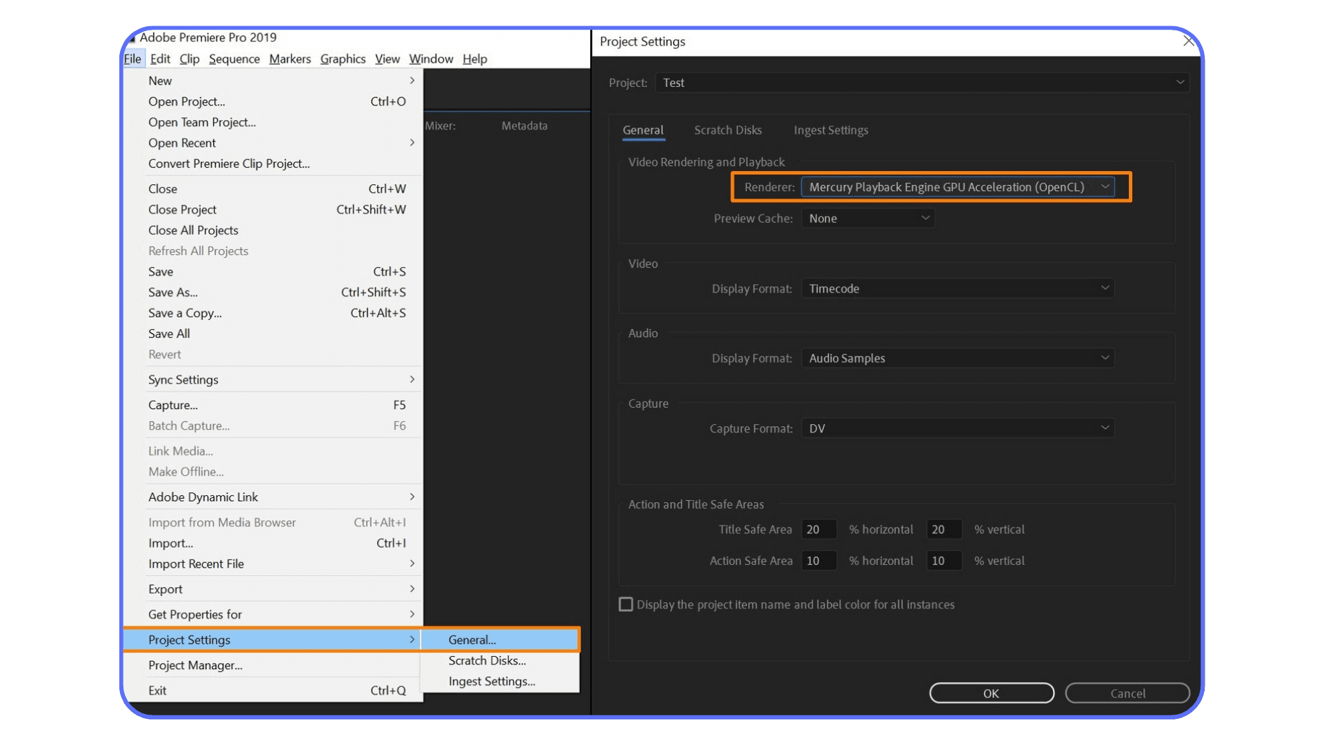 Premiere Pro Project Settings panel with Mercury Playback Engine GPU Acceleration enabled
