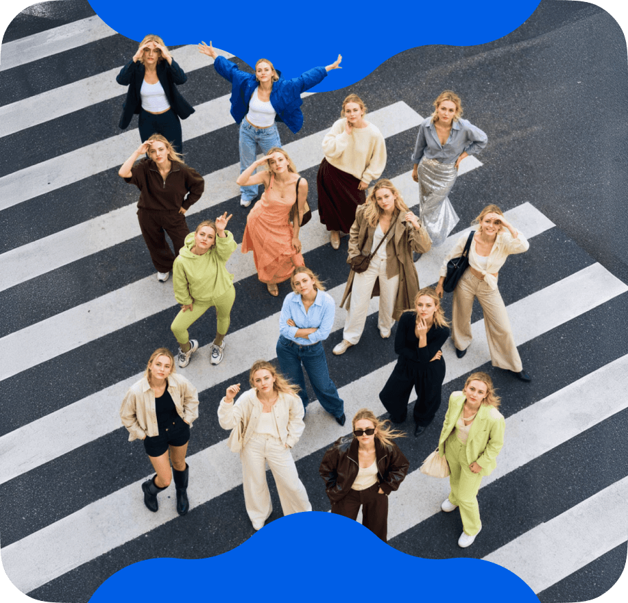 one person in sixteen different outfits on a crosswalk seen from above
