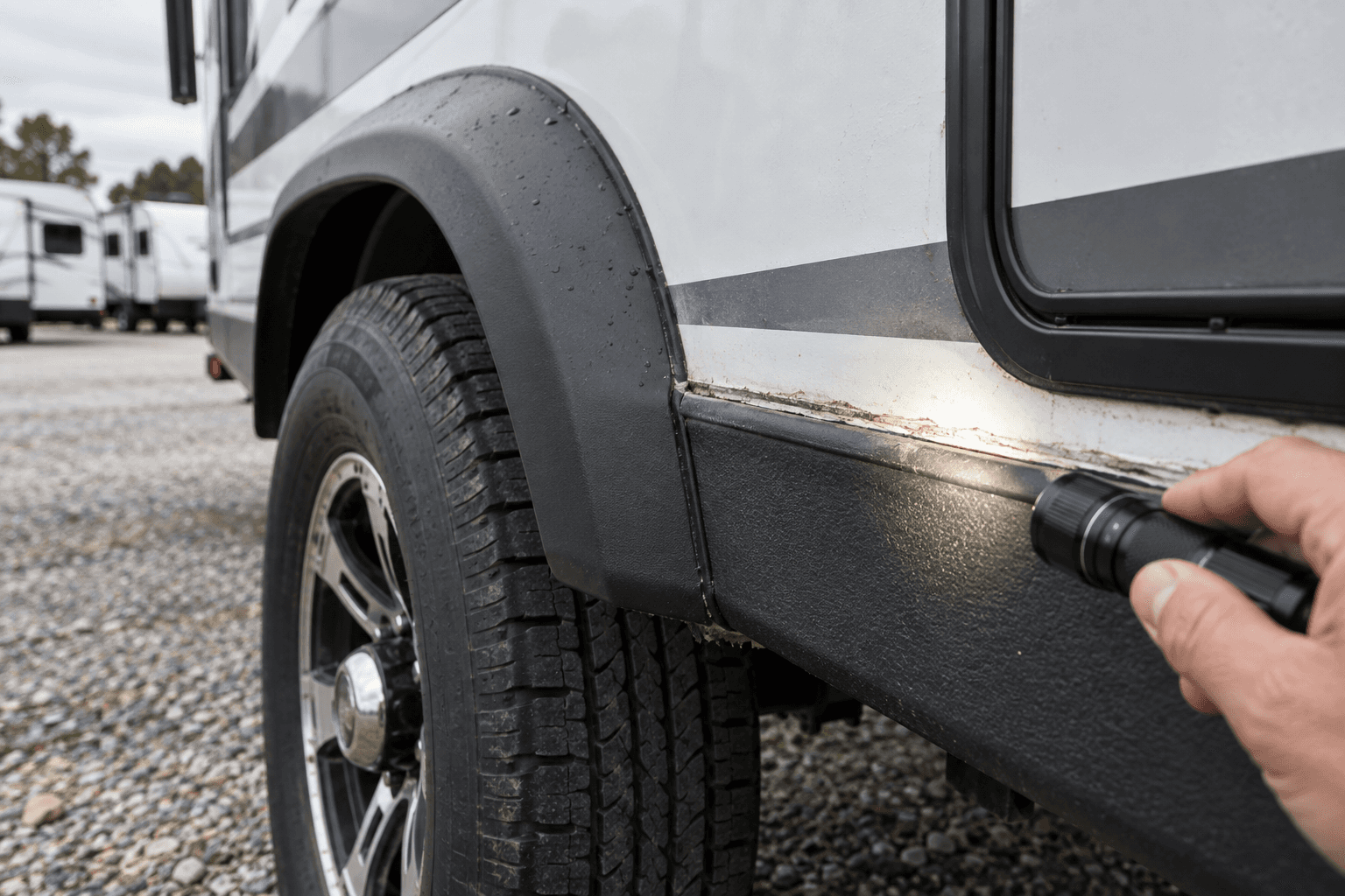 A flashlight is used to inspect a travel trailer tire and lower exterior seam.