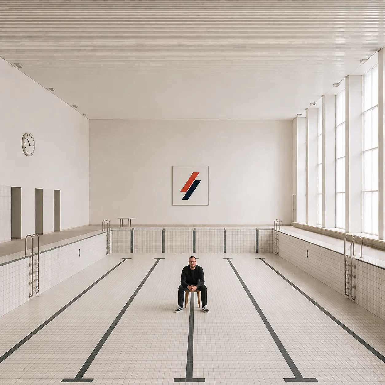 Valentin Schmid sitzt allein in einem leeren Schwimmbecken, an der Wand das rote SYSTEM SCHMID Zeichen.