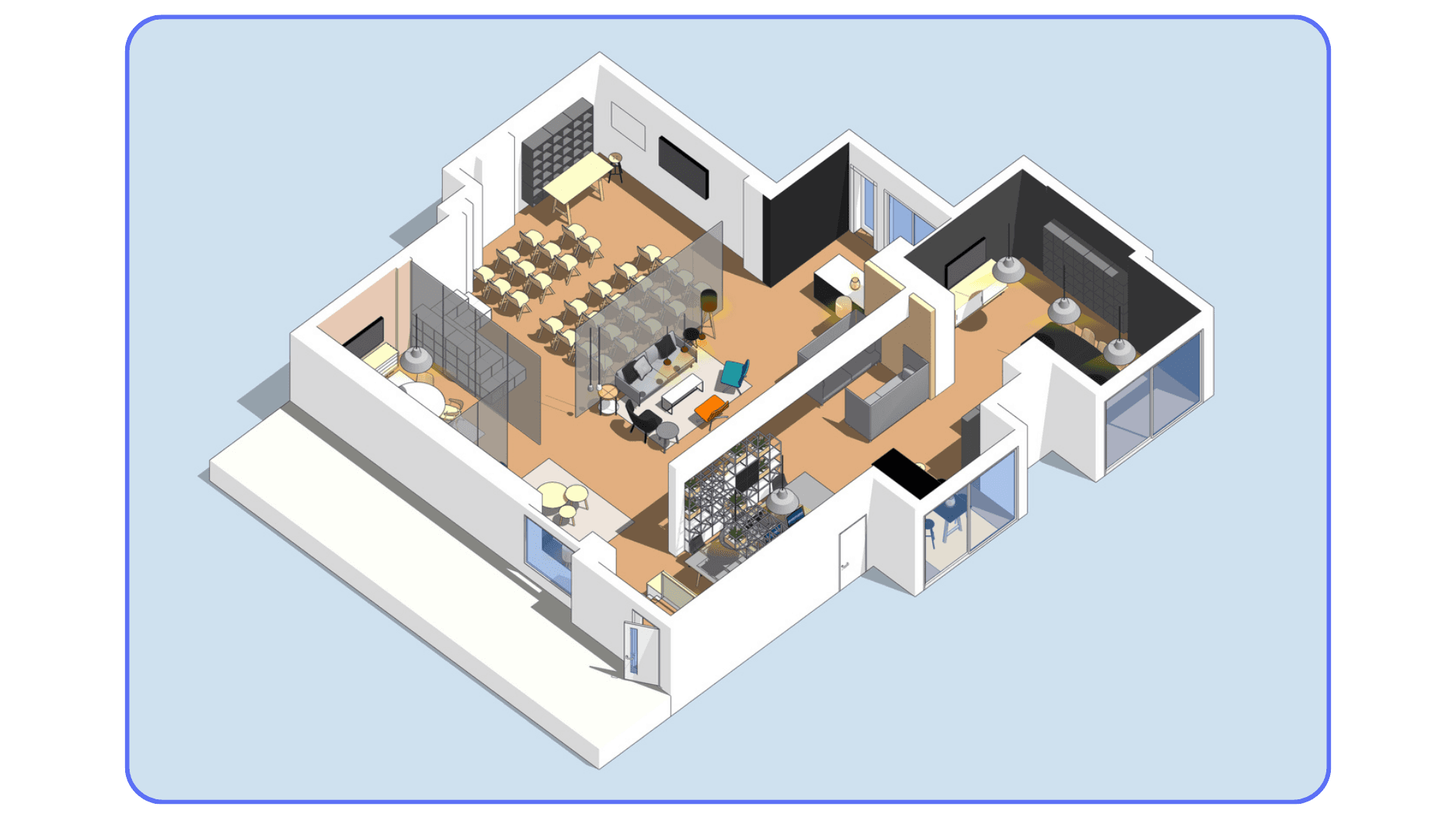 Isometric view of a detailed SketchUp interior layout showing workspace, meeting rooms, lounge areas, and furniture.