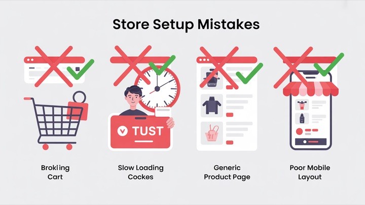 Common ecommerce store setup mistakes and their fixes illustrated