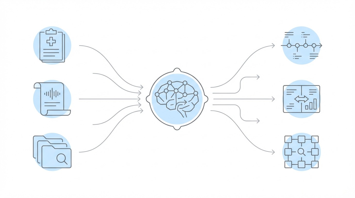 Technology flow diagram: multiple inputs converging through central processor to organized outputs
