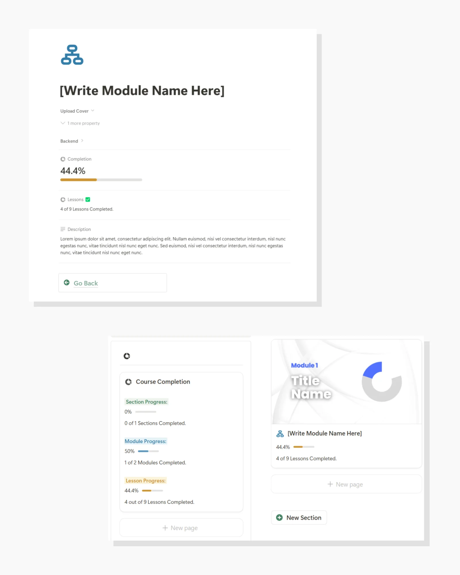 lesson completion progress bar Course Creator Notion Template