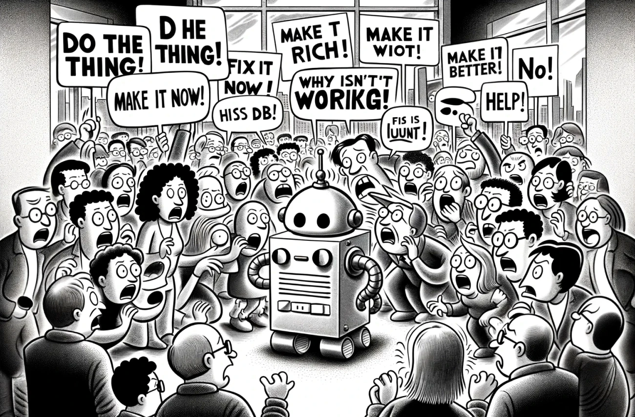 A satirical cartoon image showing a robot overwhelmed by too many requests