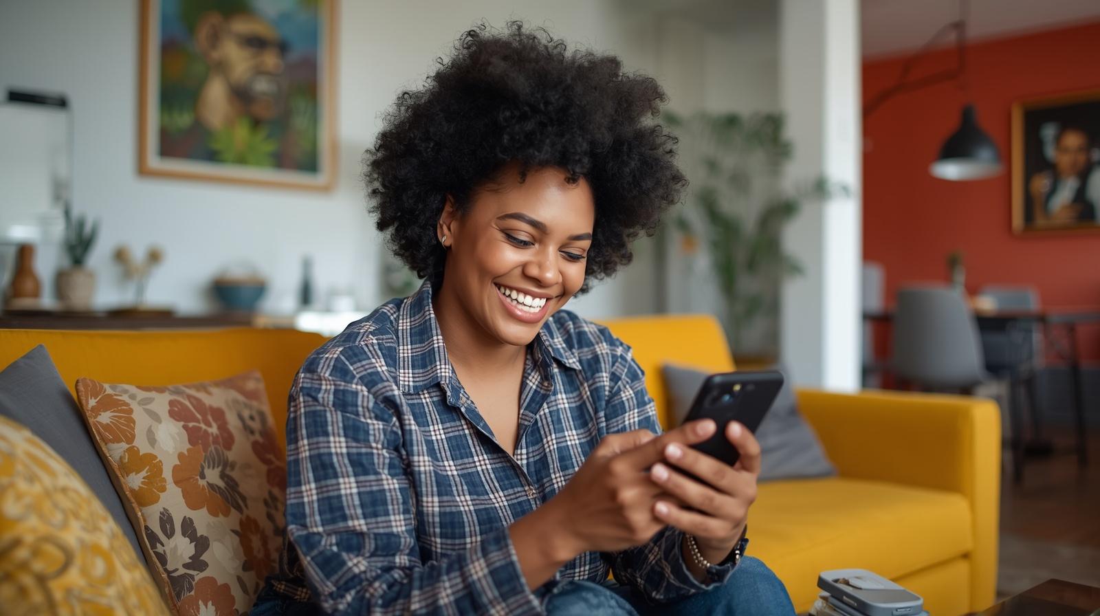 Femme souriante qui lit un message sur son smartphone — illustration du marketing conversationnel et de l'engagement client via RCS