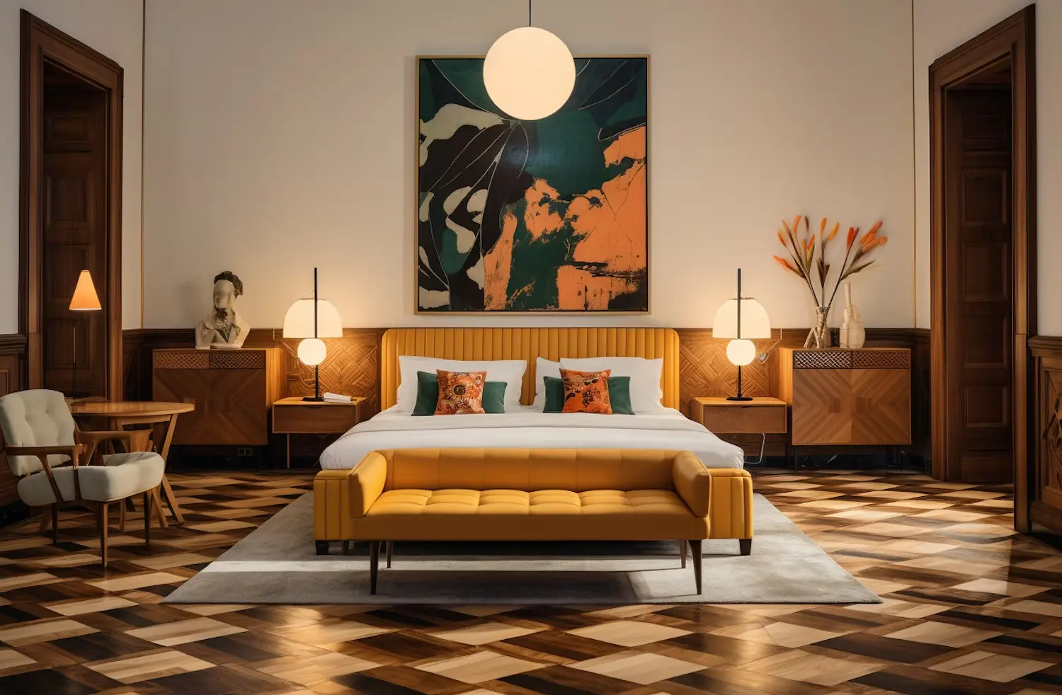 Curved cream sofa with plant, round pastel table.