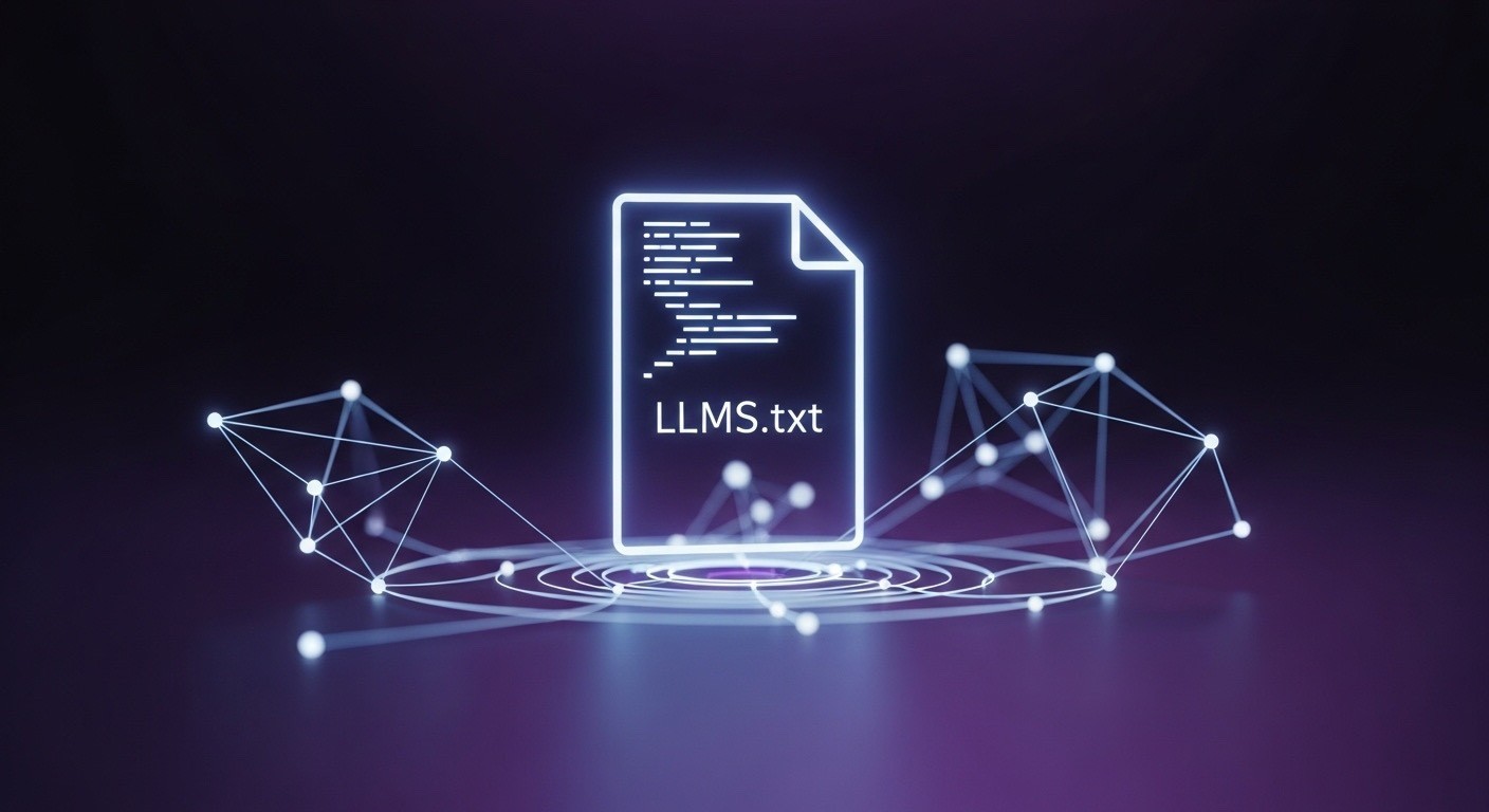 LLMS.txt file concept showing AI data connections and crawling structure for search engine indexing