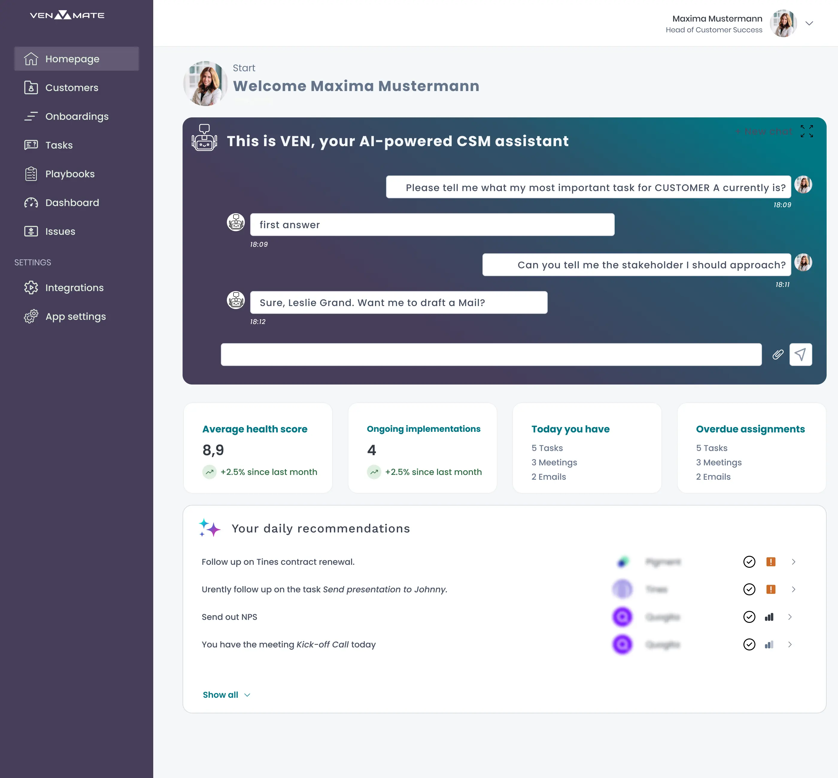 customer success management (CSM) AI data analytics by VENMATE 