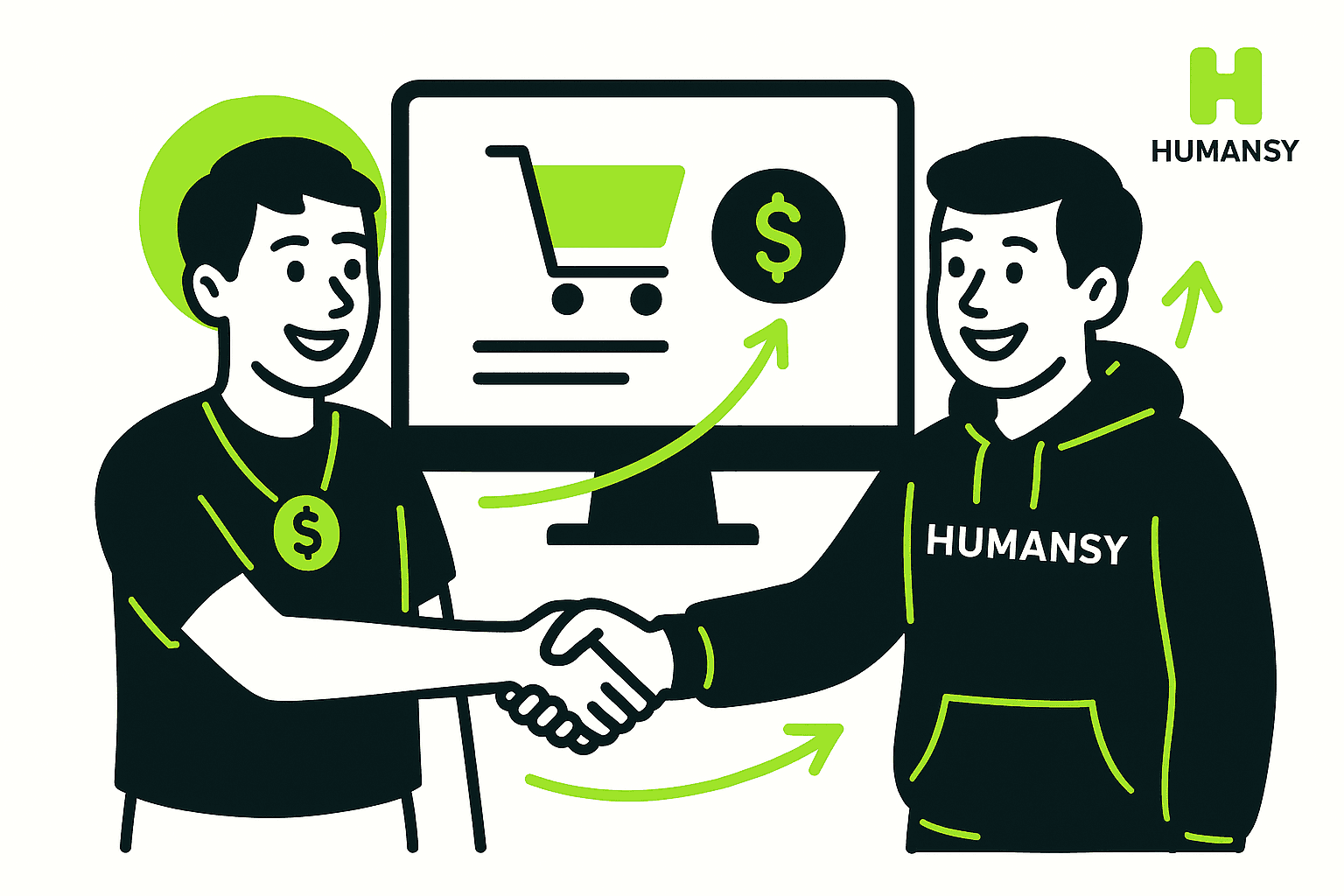 Two people shaking hands in front of an online store screen, representing affiliate marketing as an ecommerce marketing tactic for driving sales.