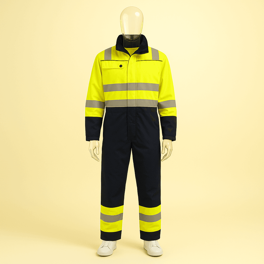 hivis woven workwear, a mannequin wearing a hivis yellow black safety zipper coverall
