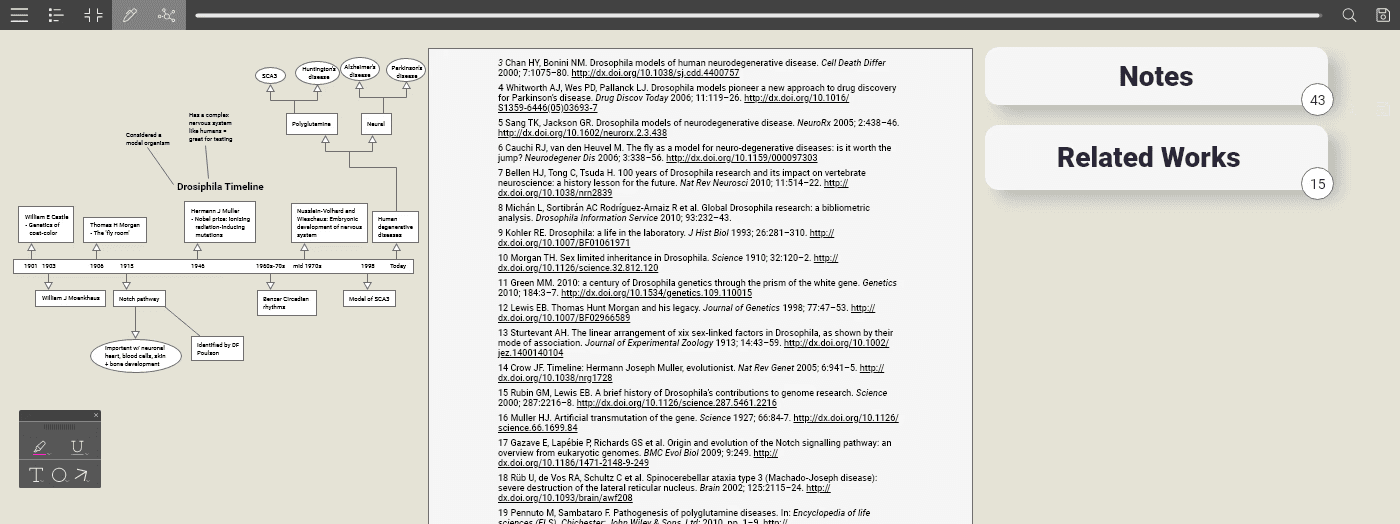 Screenshot of a web-based framework tool showing a visual diagram with connected text nodes and a sidebar for notes and related works.