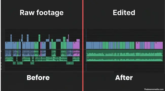 Raw vs edited video timeline comparison in professional video editing software.
