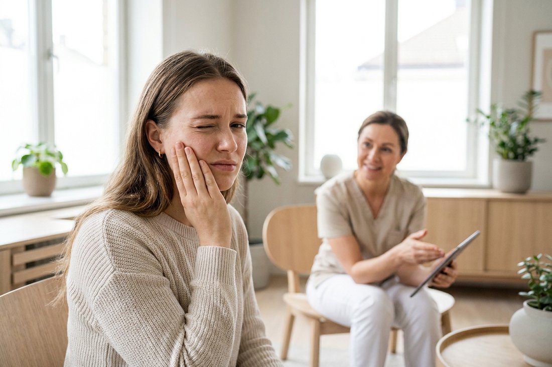 Young patient holding her cheek with jaw discomfort from problem wisdom teeth