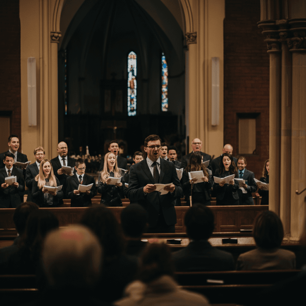 sunday church service with singing choir