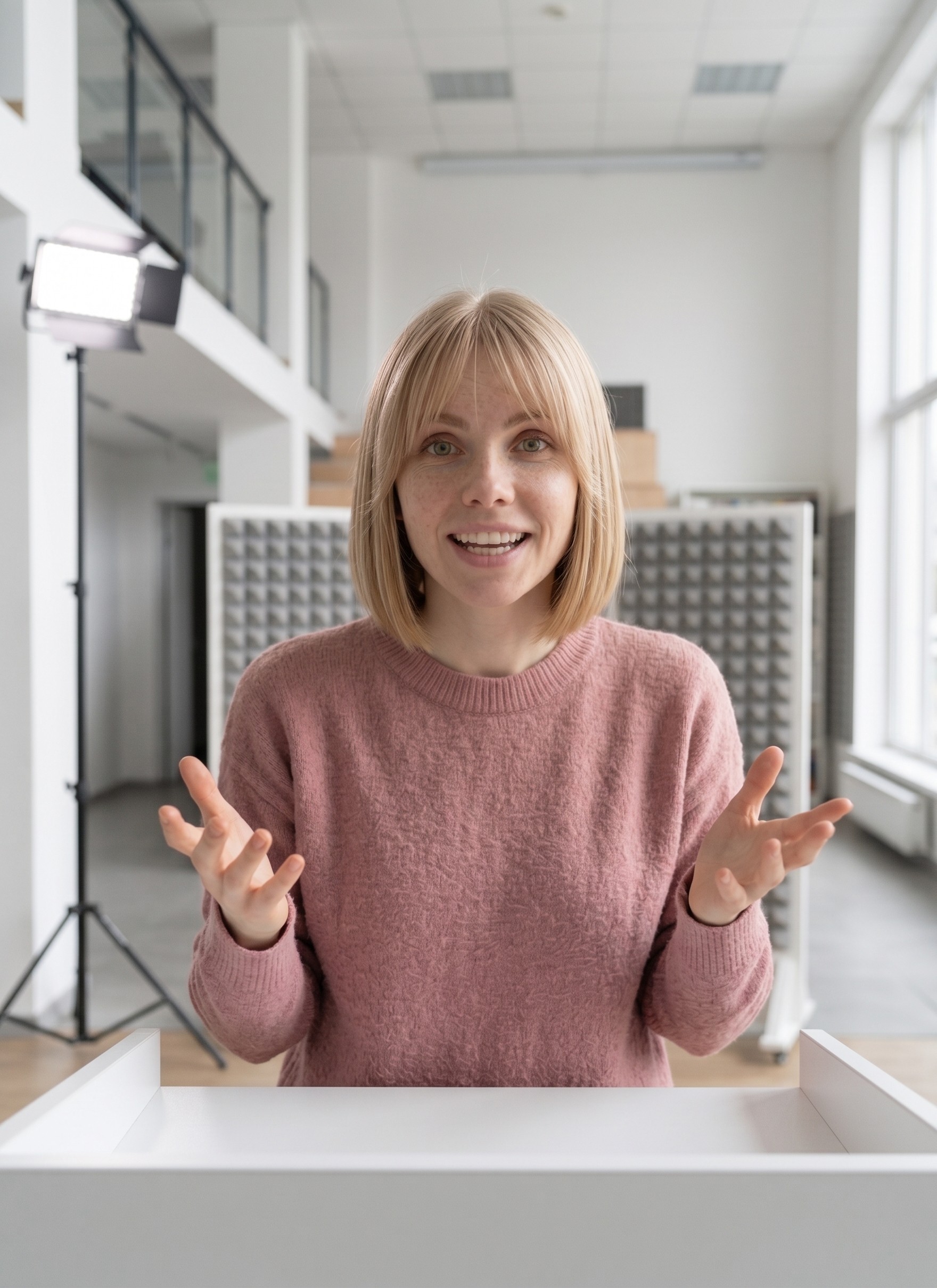 Creator presenting in a bright studio