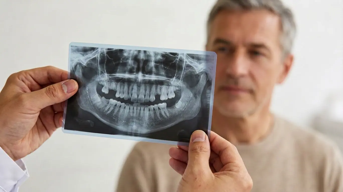 Fogorvos egy panorámaröntgent vizsgál, háttérben egy idősebb pácienssel, fogászati implantáció tervezéséhez