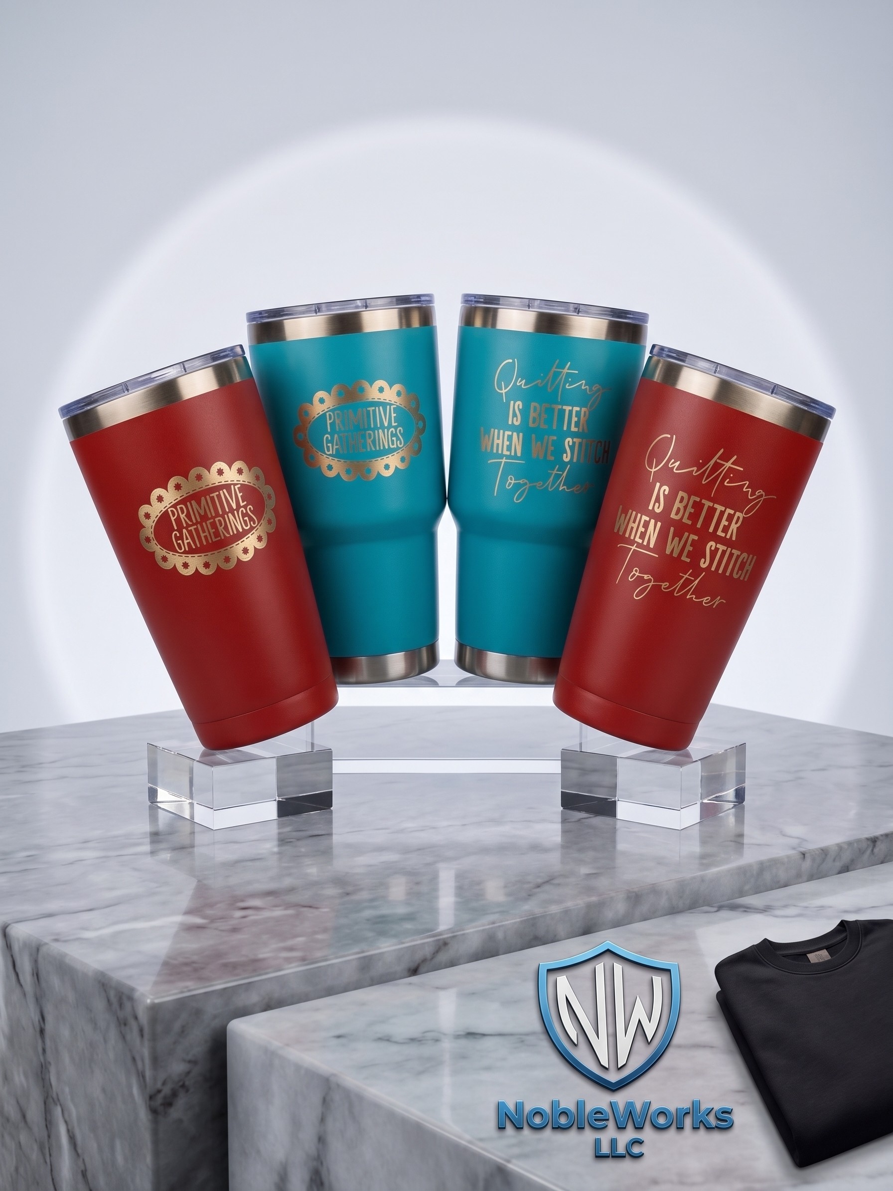 Custom engraved tumblers created for Primitive Gatherings by Nobleworks
