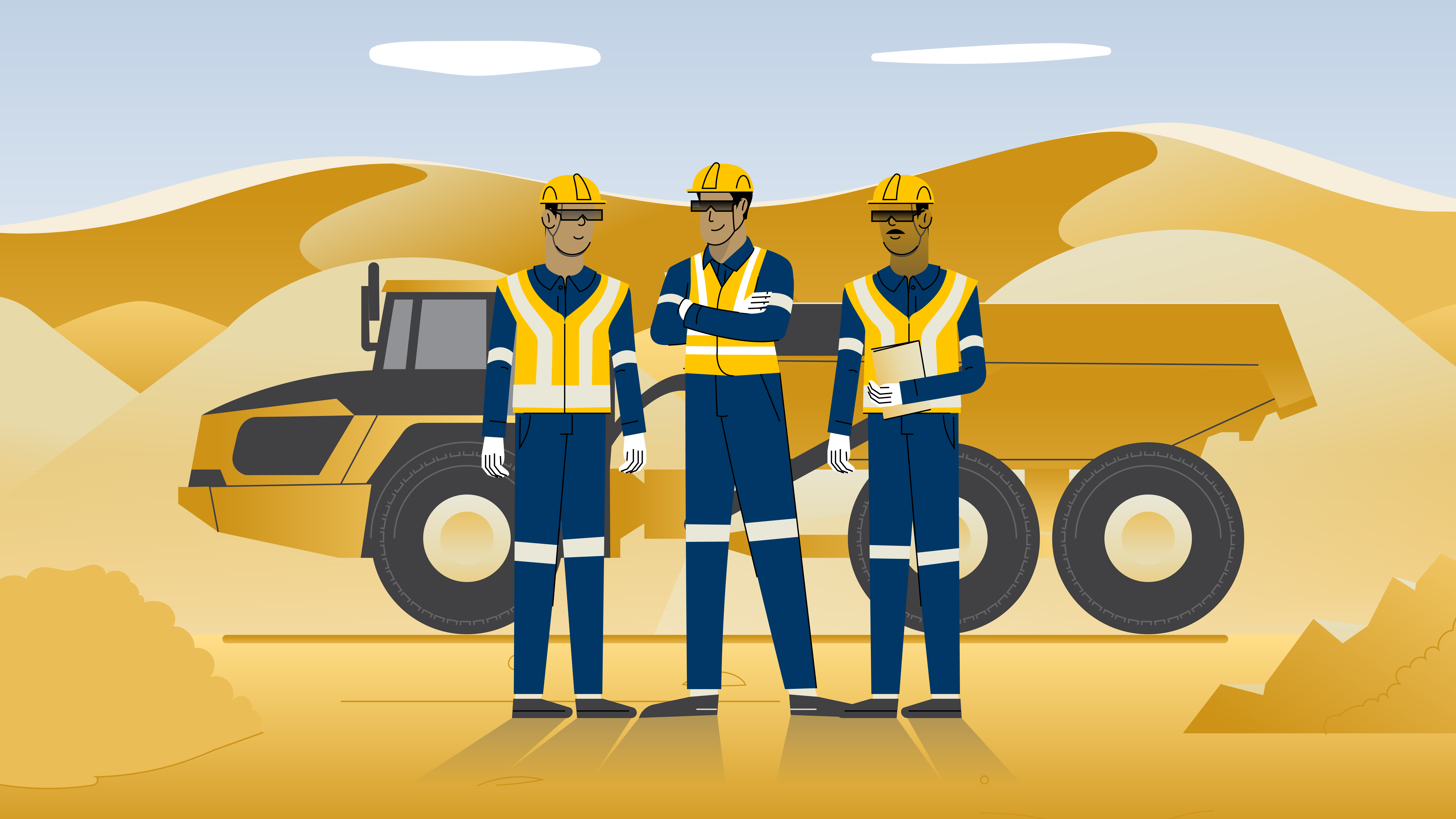 Illustration of three construction workers in safety gear standing in a desert landscape with heavy machinery