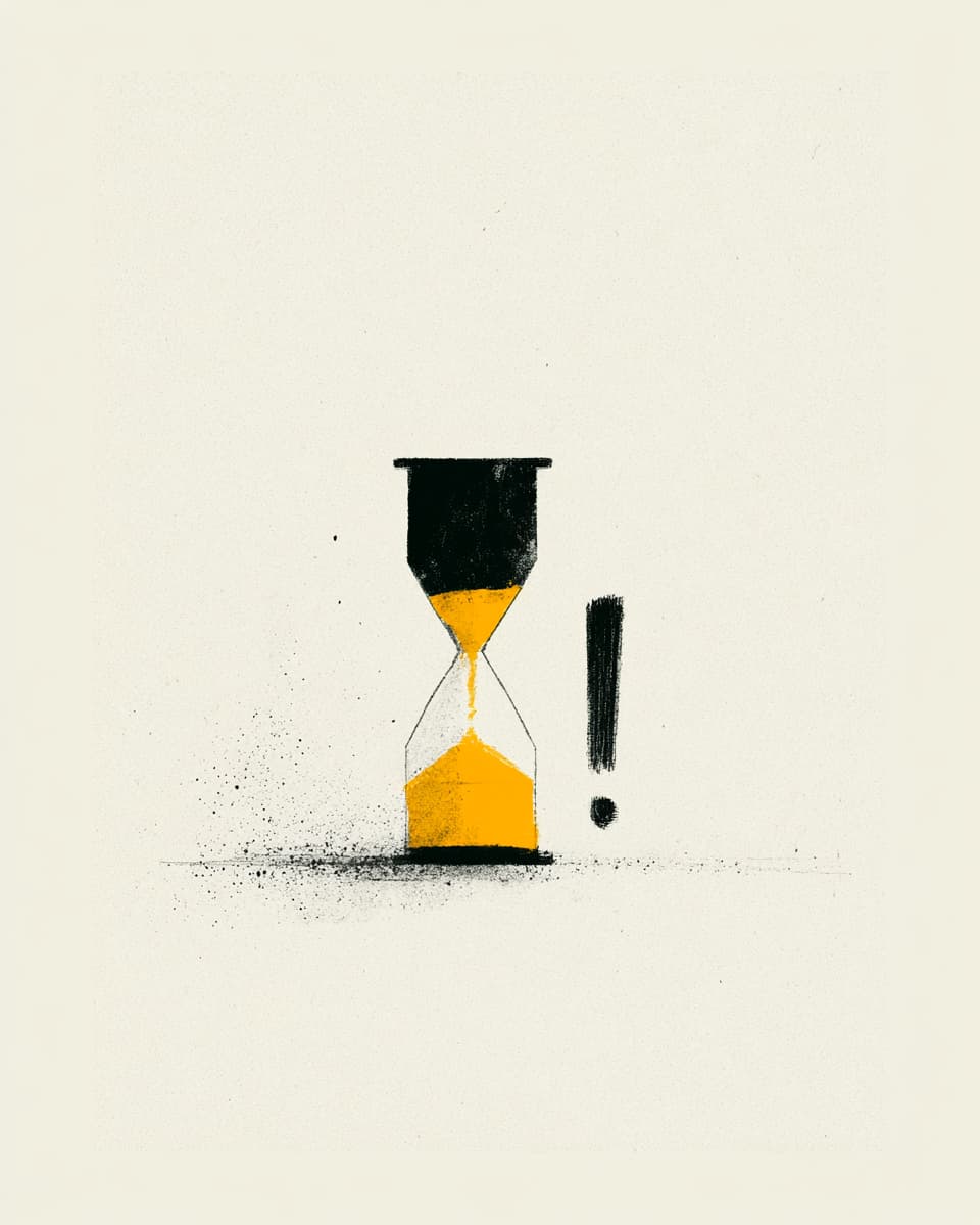 Illustration Sanduhr mit auslaufendem Sand, Zeit ist knapp!
