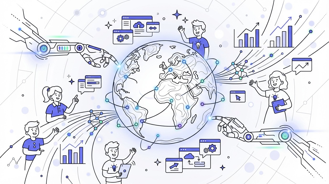 An abstract digital illustration showing a glowing world map at the center, surrounded by interconnected neural network patterns, dynamic data streams, and upward-trending growth graphs. Subtle robotic arm elements extend towards the globe, symbolizing AI and automation driving global market expansion.