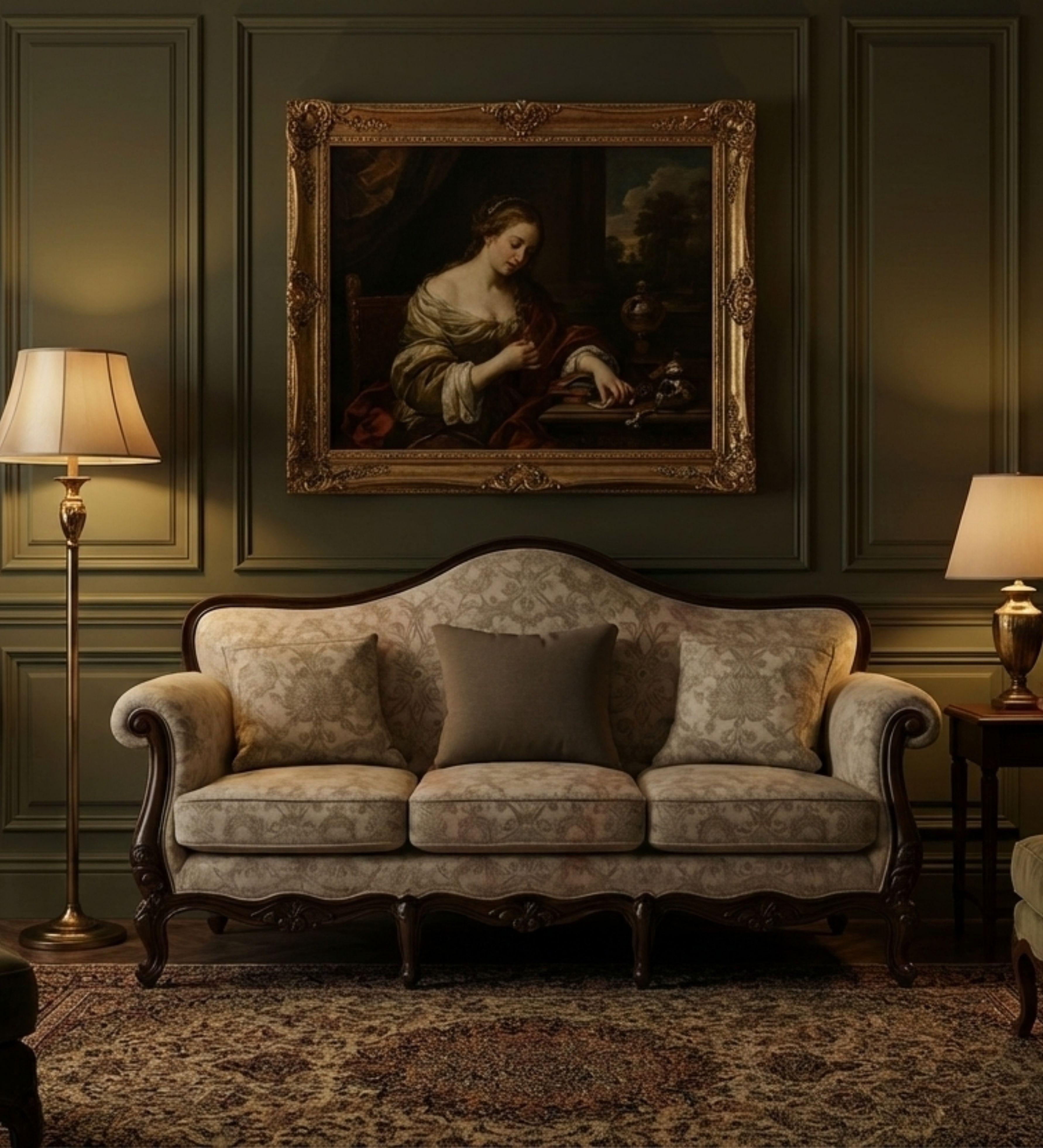 Plum velvet 3-seater with channel tufting and gold-toned legs.