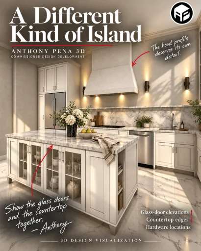 Concept kitchen cover with a glass-front island and shaped hood over the perimeter worktop.