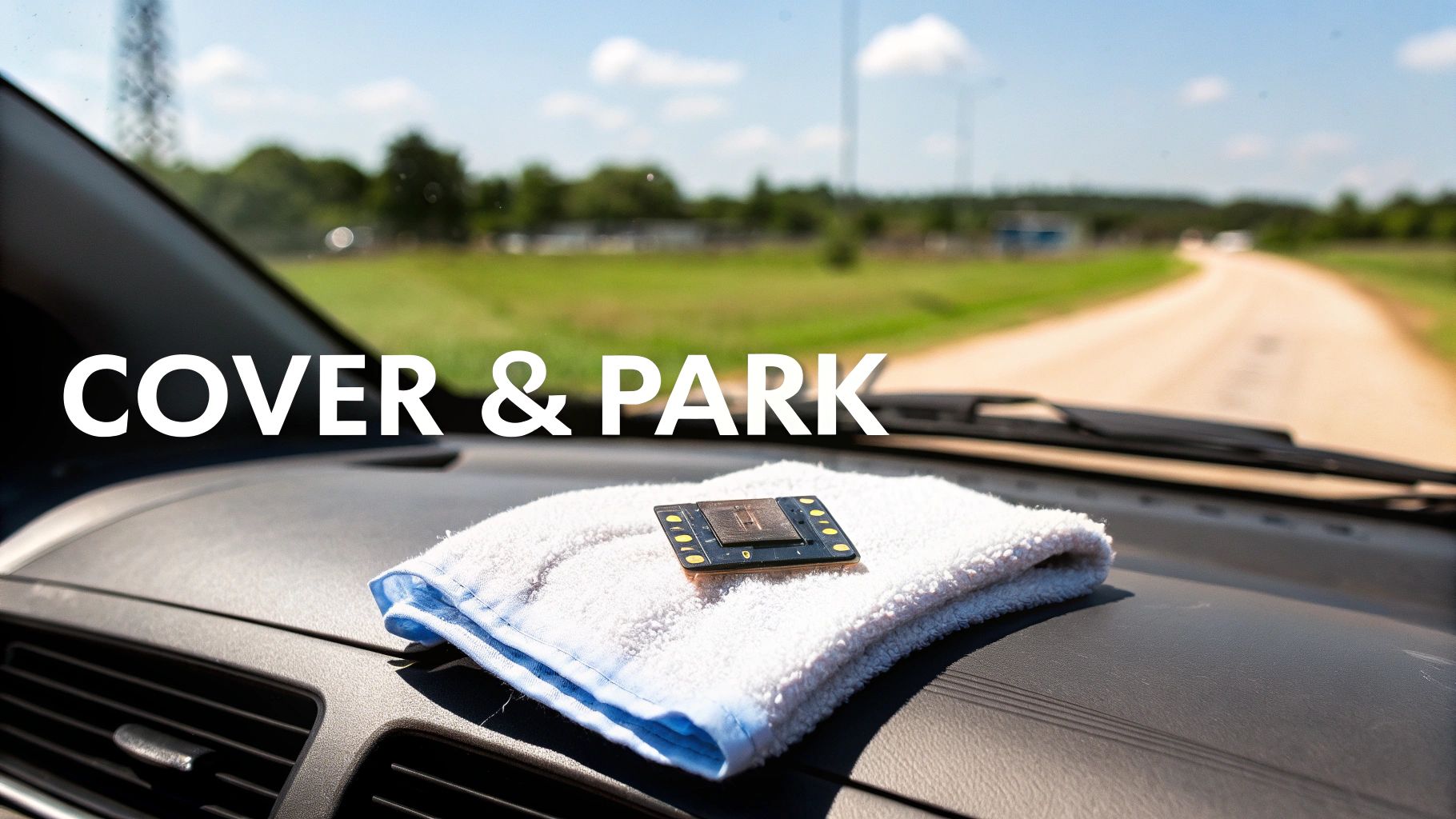 Inside a car, a microchip on a white towel on the dashboard, with a sunny dirt road ahead.