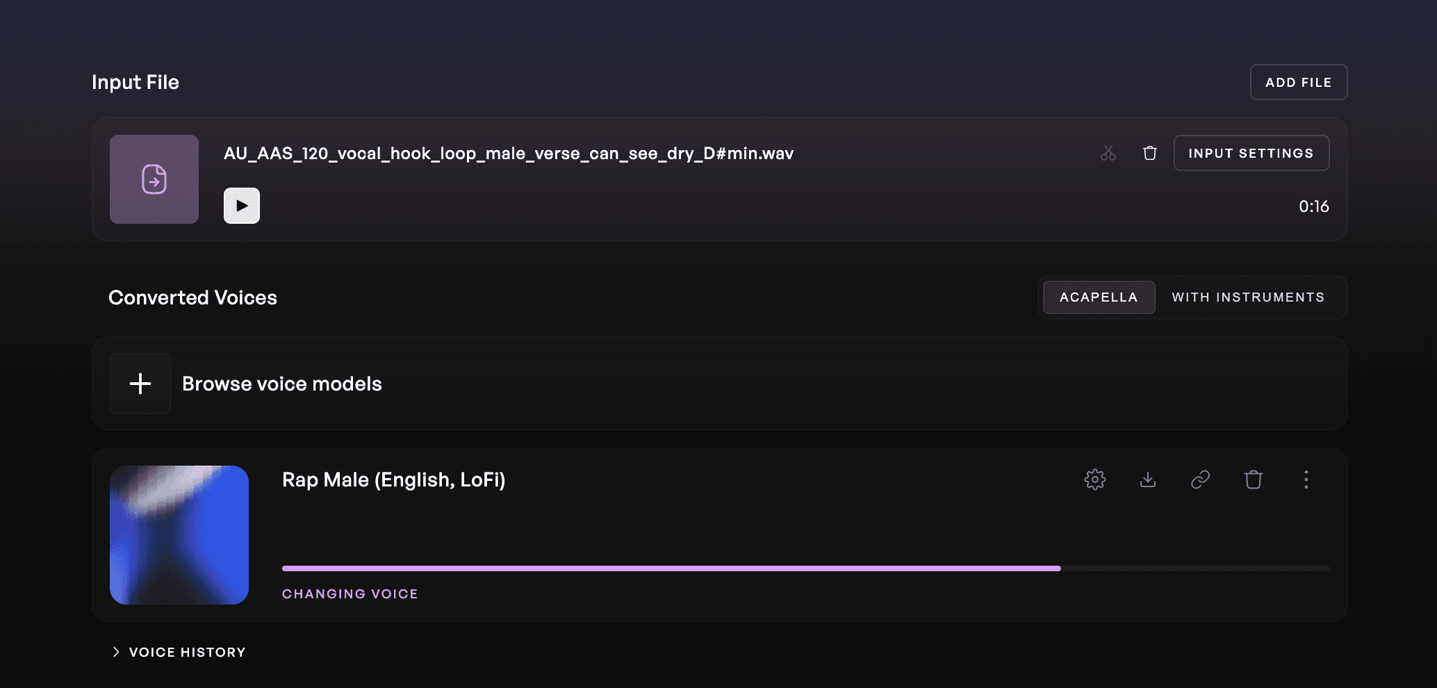 Kits AI Convert page with the Male Cloud Rap voice model selected