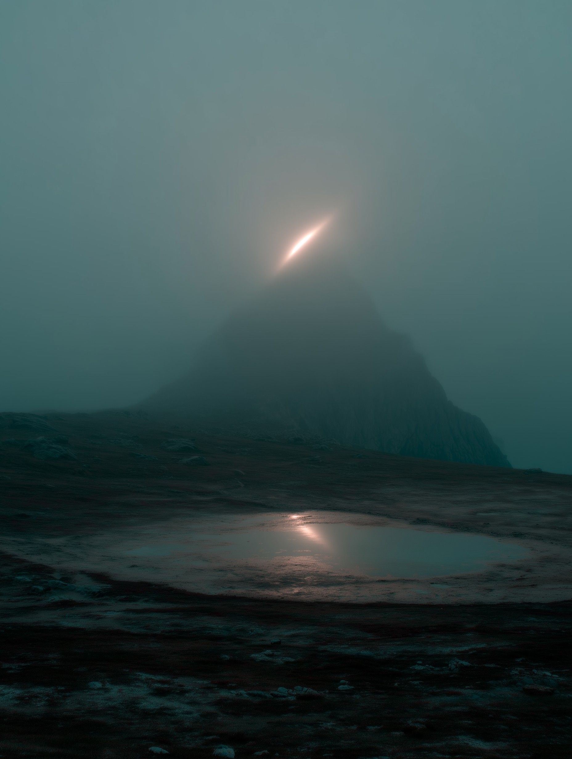 Bright white light streak across misty mountain