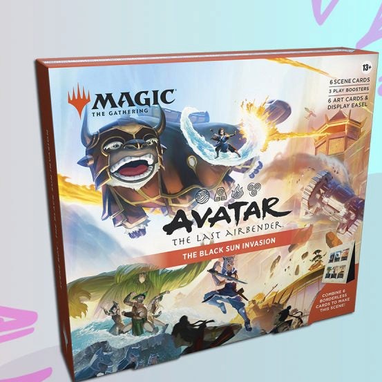 Card game box for 'Avatar: The Last Airbender' themed 'Magic: The Gathering' on a light blue background.