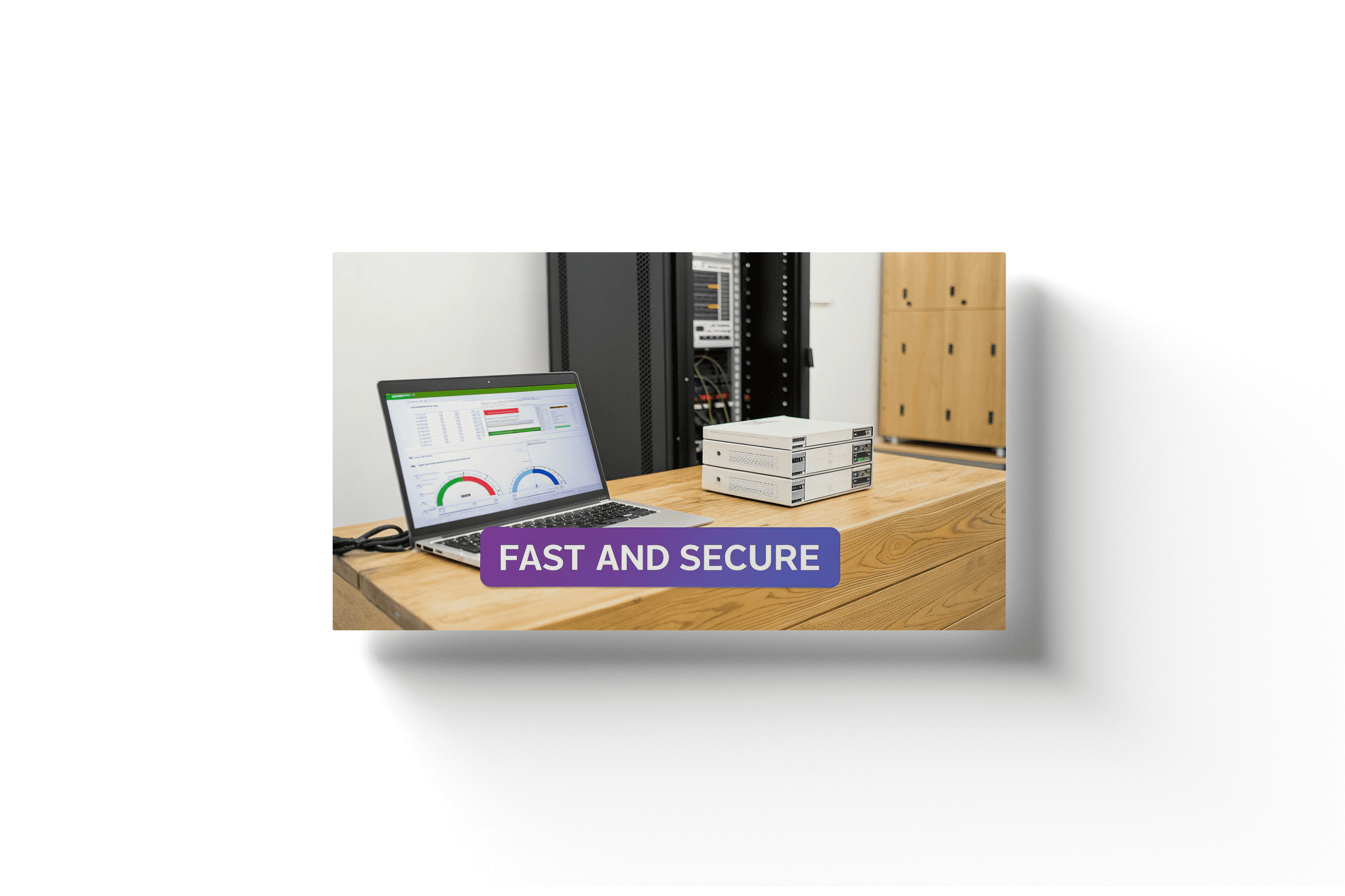a laptop on a desk with the text 'fast and secure' on a gradient banner in the foreground