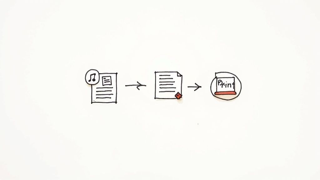 Illustrated workflow depicting a document with a music note, then a sealed document, concluding with a print icon.