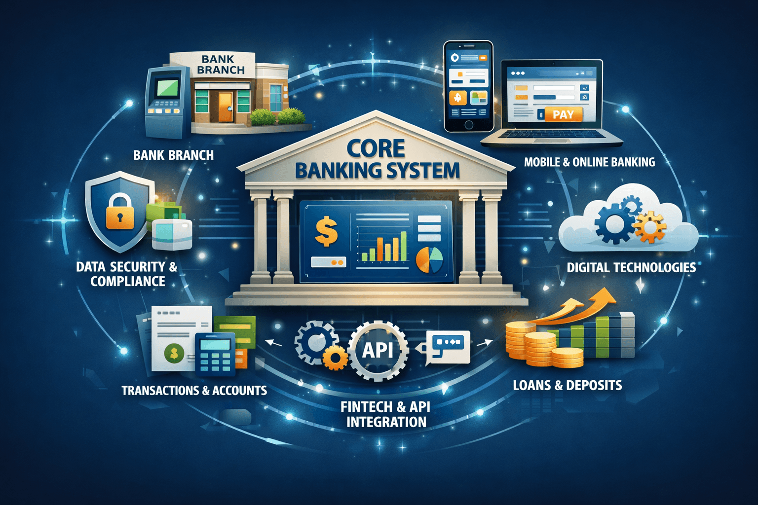 Illustration of the Core Banking System as the hub of digital banking operations connected with bank branches, mobile and online banking, data security and compliance, transactions and accounts, fintech and API integration, as well as loan and savings services.