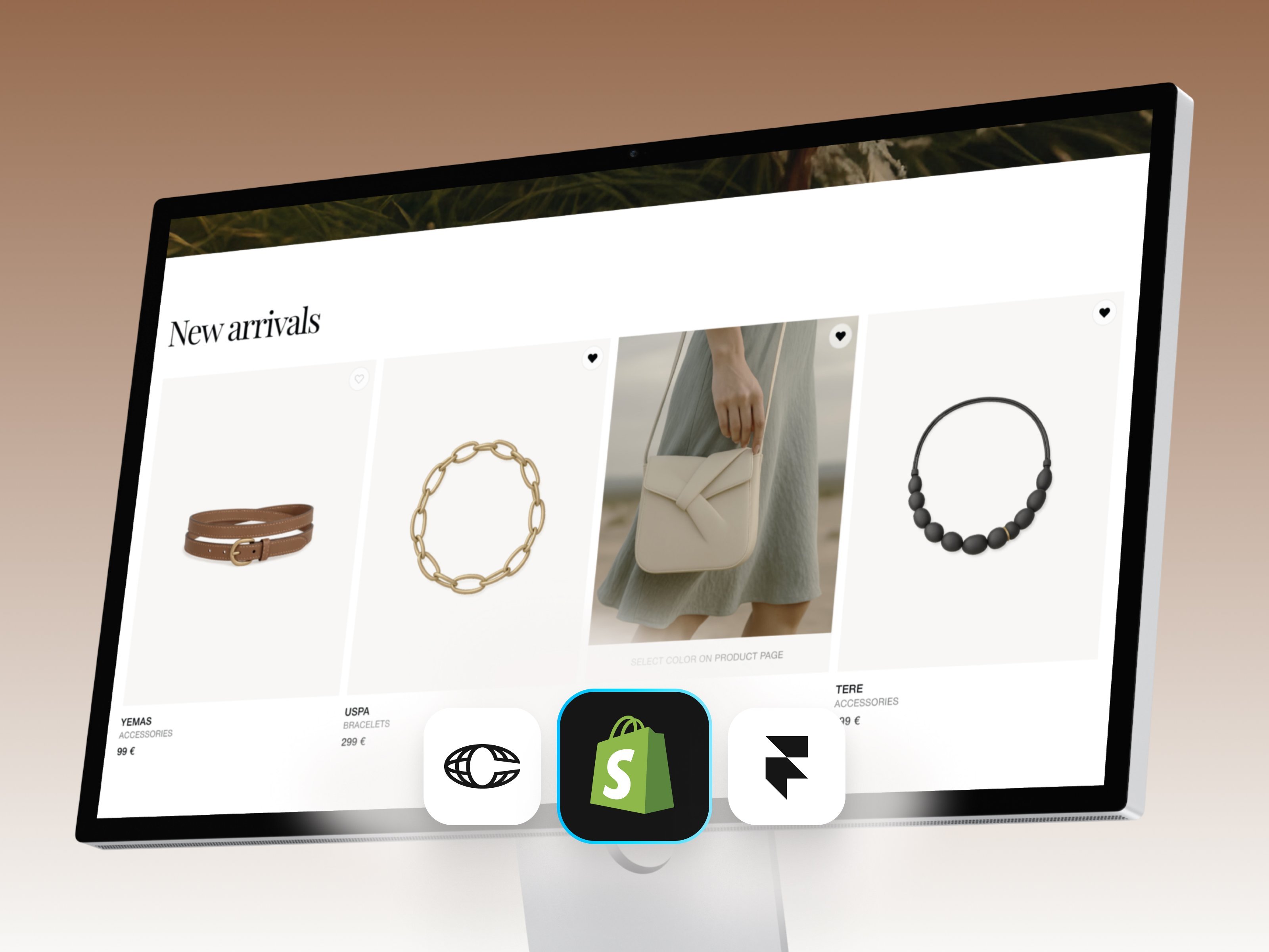 Mesco luxury accessories website template on a desktop monitor showing a "New arrivals" product grid featuring a leather belt, gold chain bracelet, white clutch bag, and black bead necklace on a warm brown gradient background