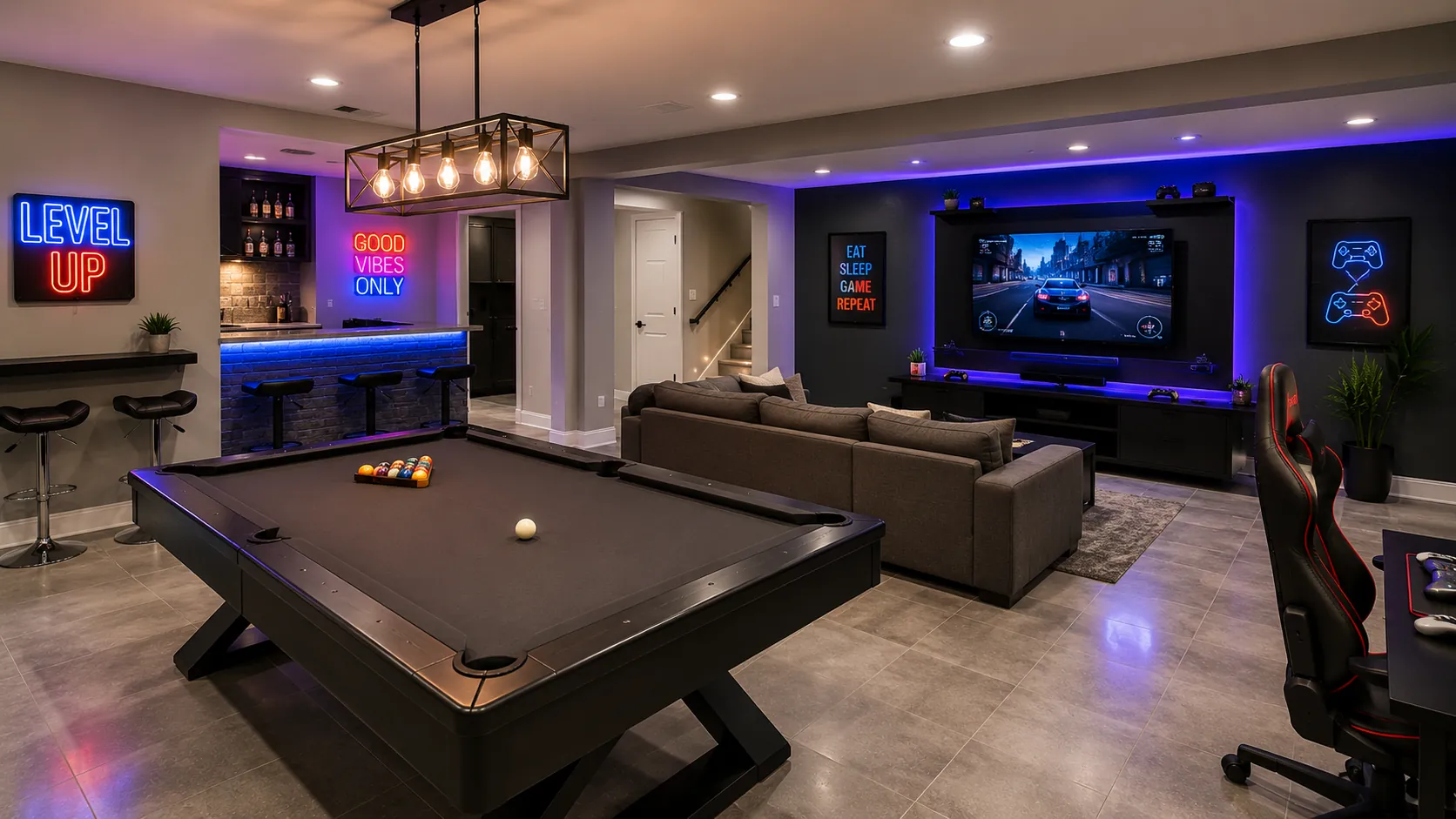 Contemporary game room basement with pool table, neon signs, full bar with blue lighting, large gaming TV, arcade machines, racing game setup, and comfortable gaming seating.