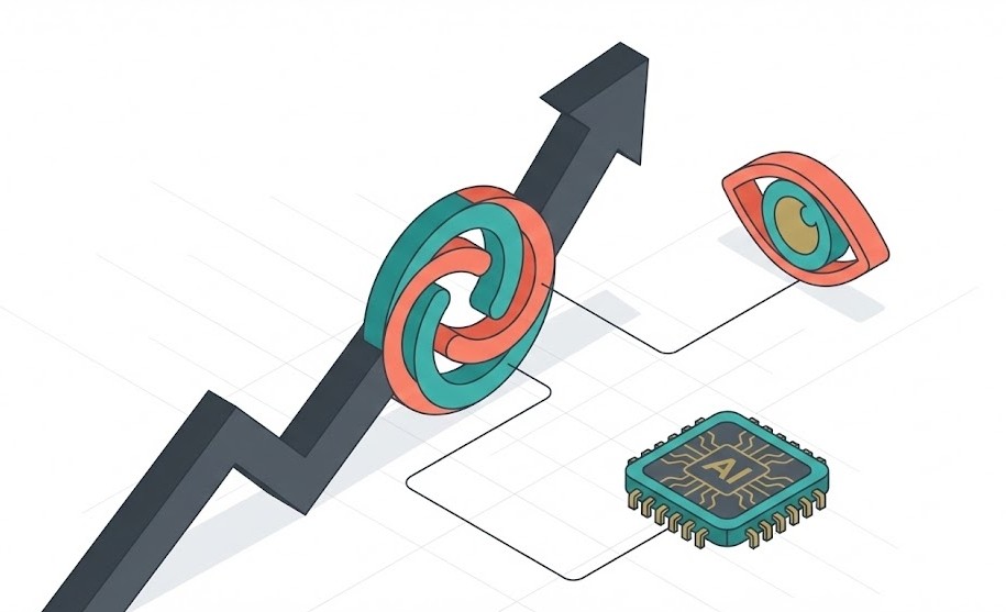 Ilustração isométrica mostrando uma seta de crescimento em zigue-zague com um logotipo em espiral verde e laranja no centro. O logotipo está conectado por linhas a um chip de IA e a um olho, todos no mesmo esquema de cores, sobre um fundo branco com grade.
