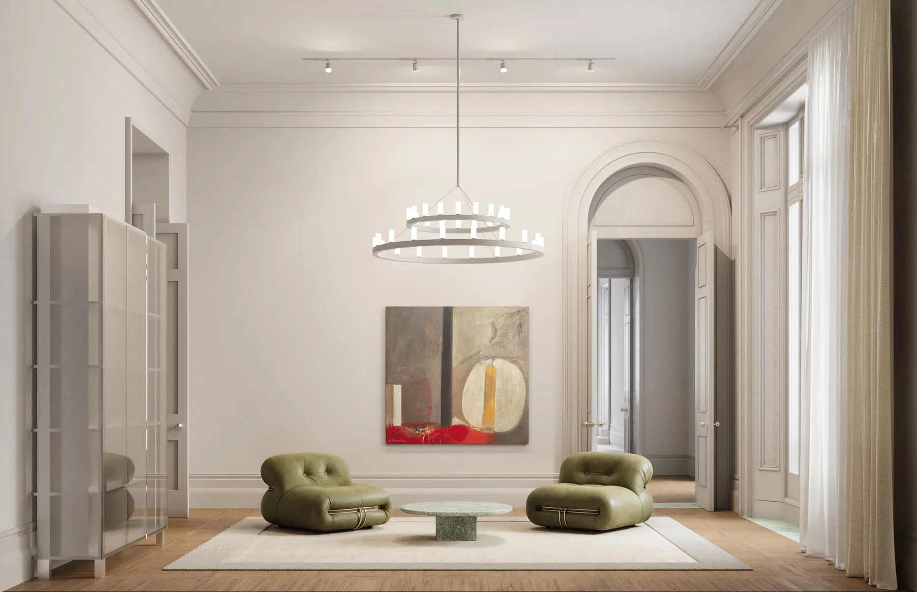 Living space with restored period details and modern furniture — Leinster House visualization