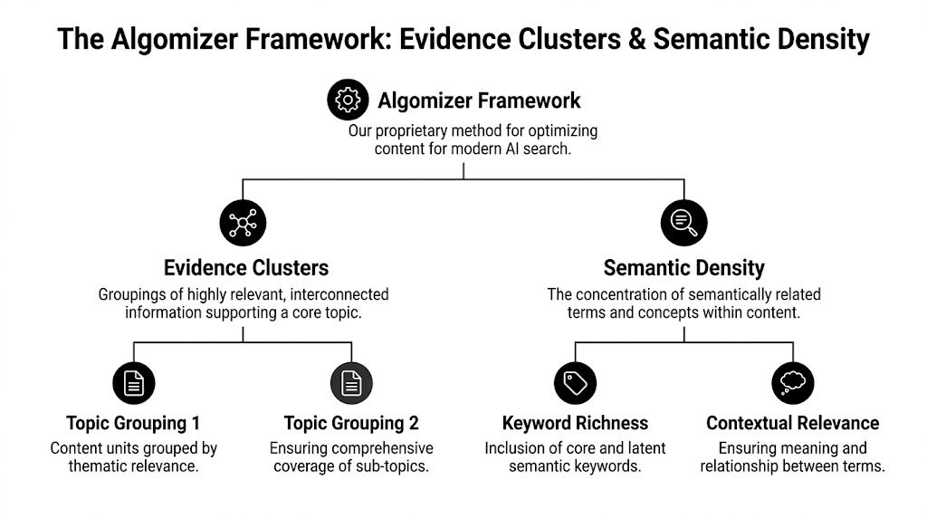 A diagram outlining the Algomizer framework for AI search optimization using evidence clusters and semantic density.