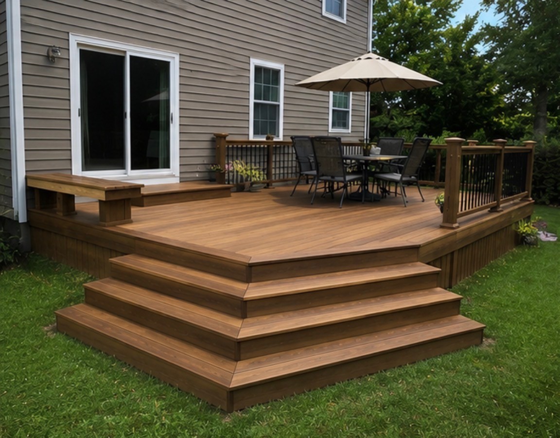 Finished deck with table, railing, and seating area